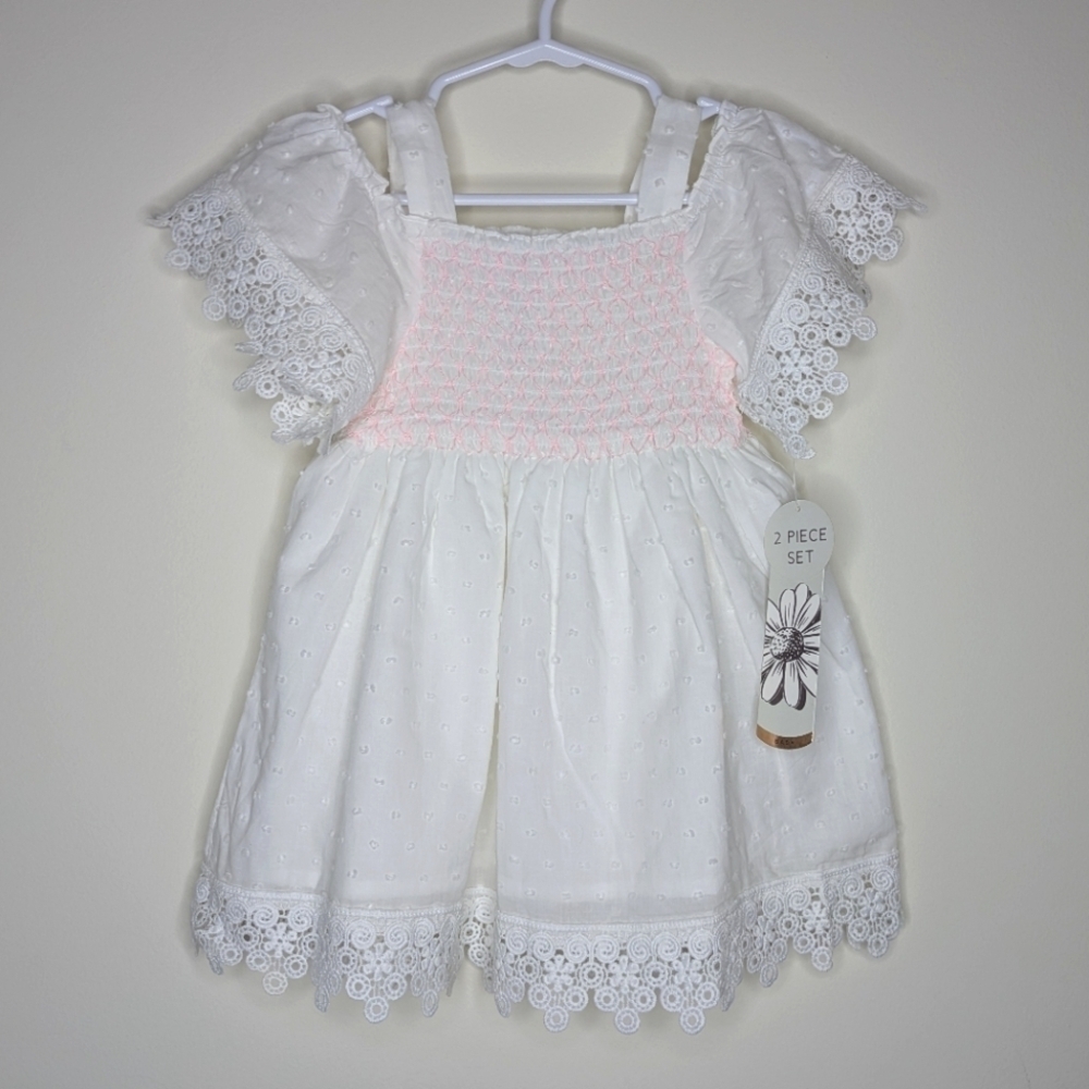 NWT Daisy Fuentes White Lace Smocked Dress With Bloomers 18m